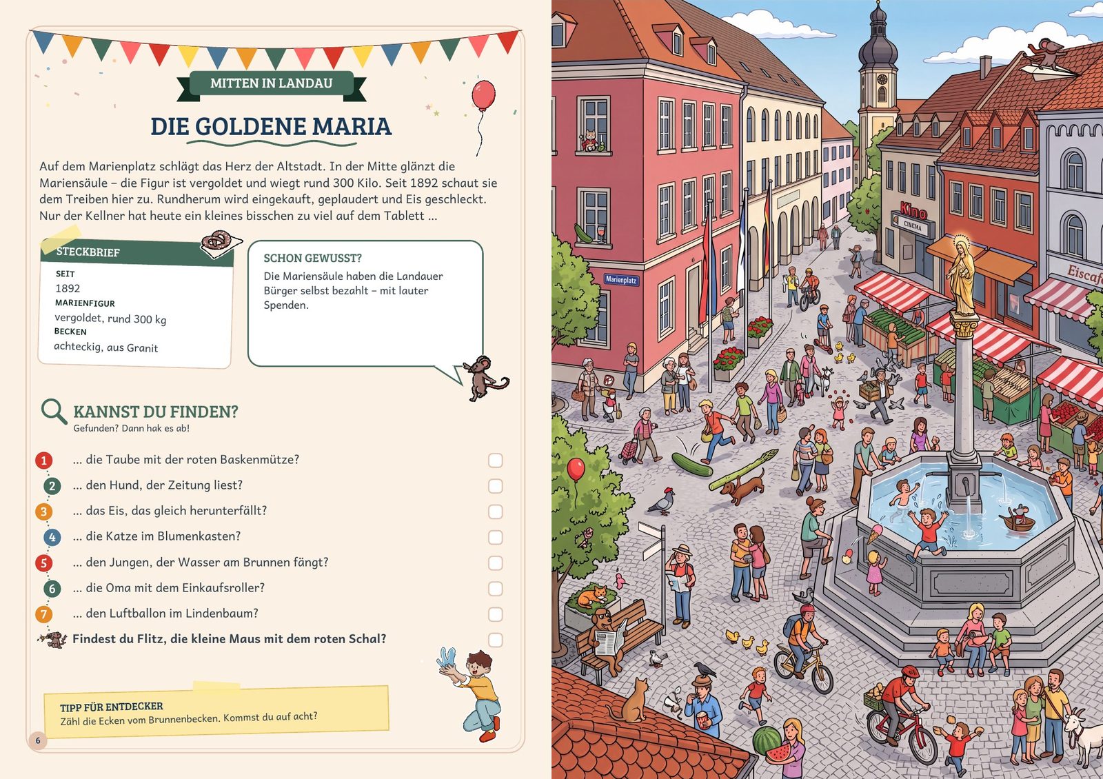 Beispiel einer Doppelseite: links Infoseite, rechts Wimmelbild
