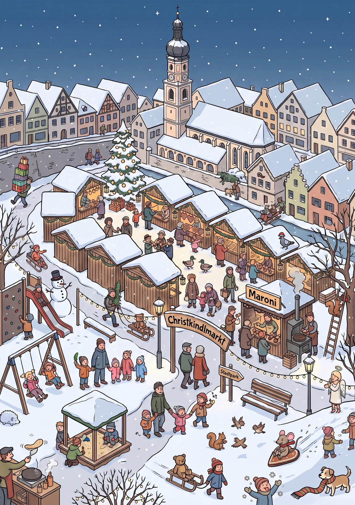 Wimmelbild 8: Stadtpark im Stadtgraben mit Christkindlmarkt