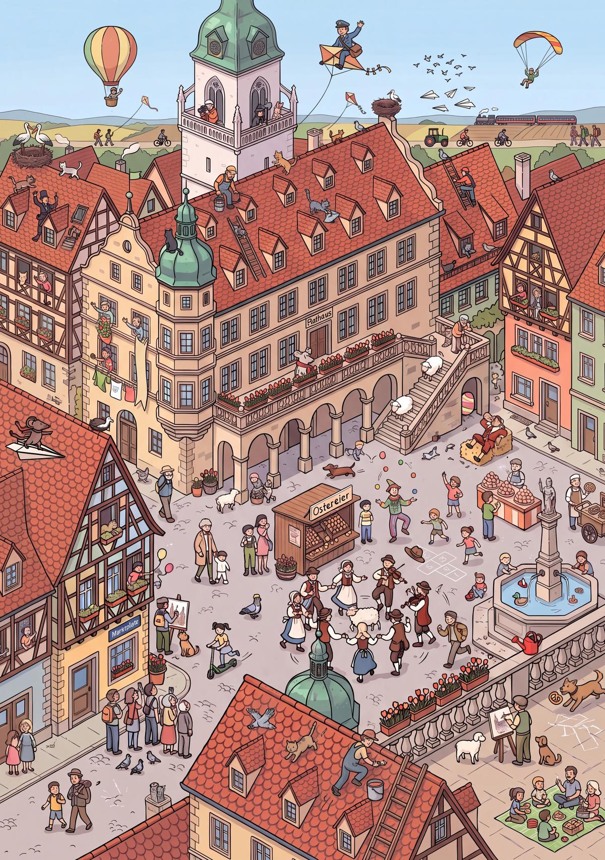 Wimmelbild: Rathaus mit Marktplatz